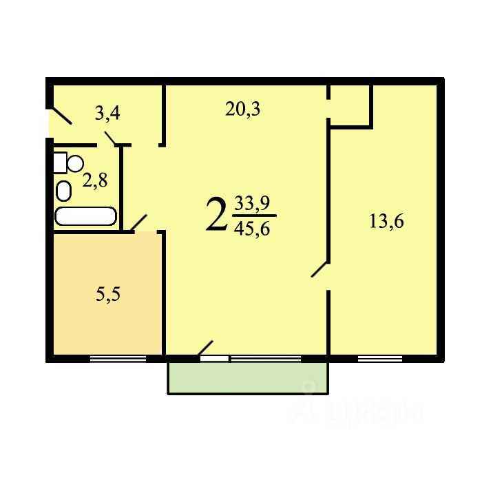 2-комнатная квартира, 44 м²