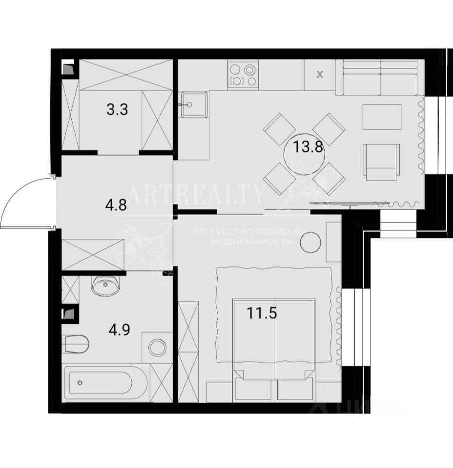 1-комнатная квартира, 39 м² — фотография 2