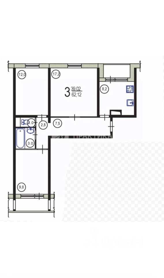 3-комнатная квартира, 61,9 м² — фотография 2