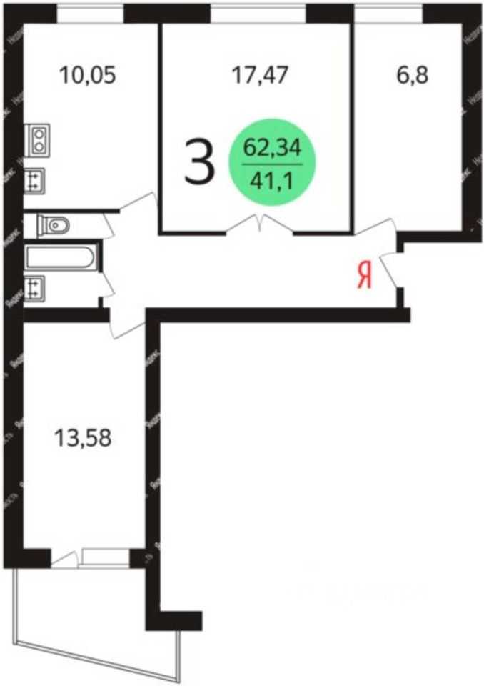 3-комнатная квартира, 62 м² — фотография 2
