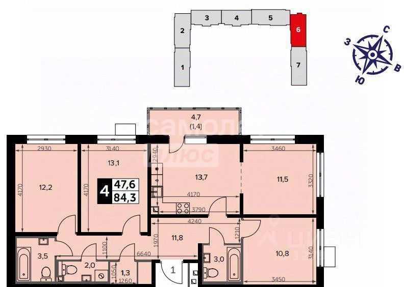 4-комнатная квартира, 85 м² — фотография 2