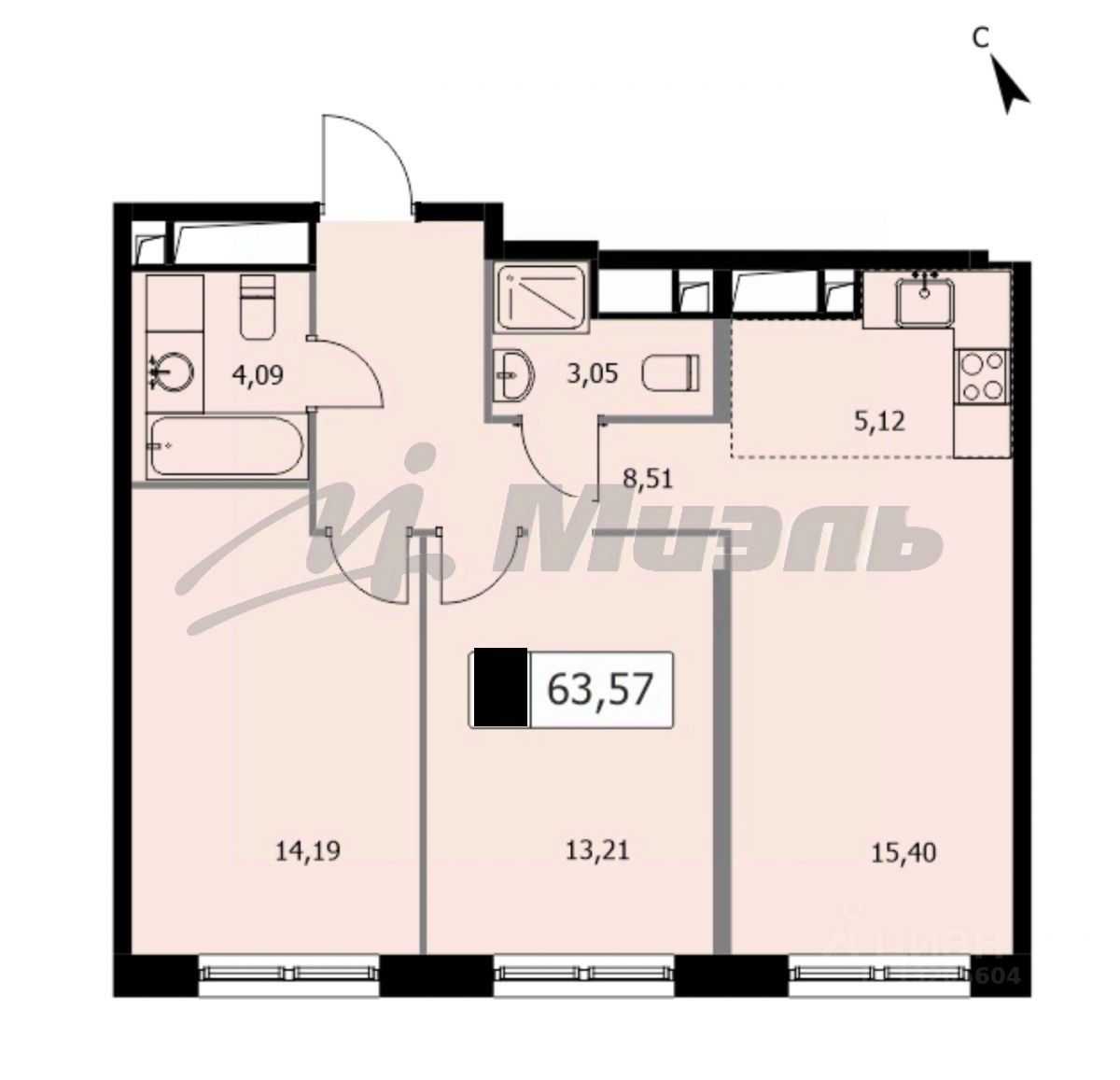 3-комнатная квартира, 63,5 м² — фотография 2