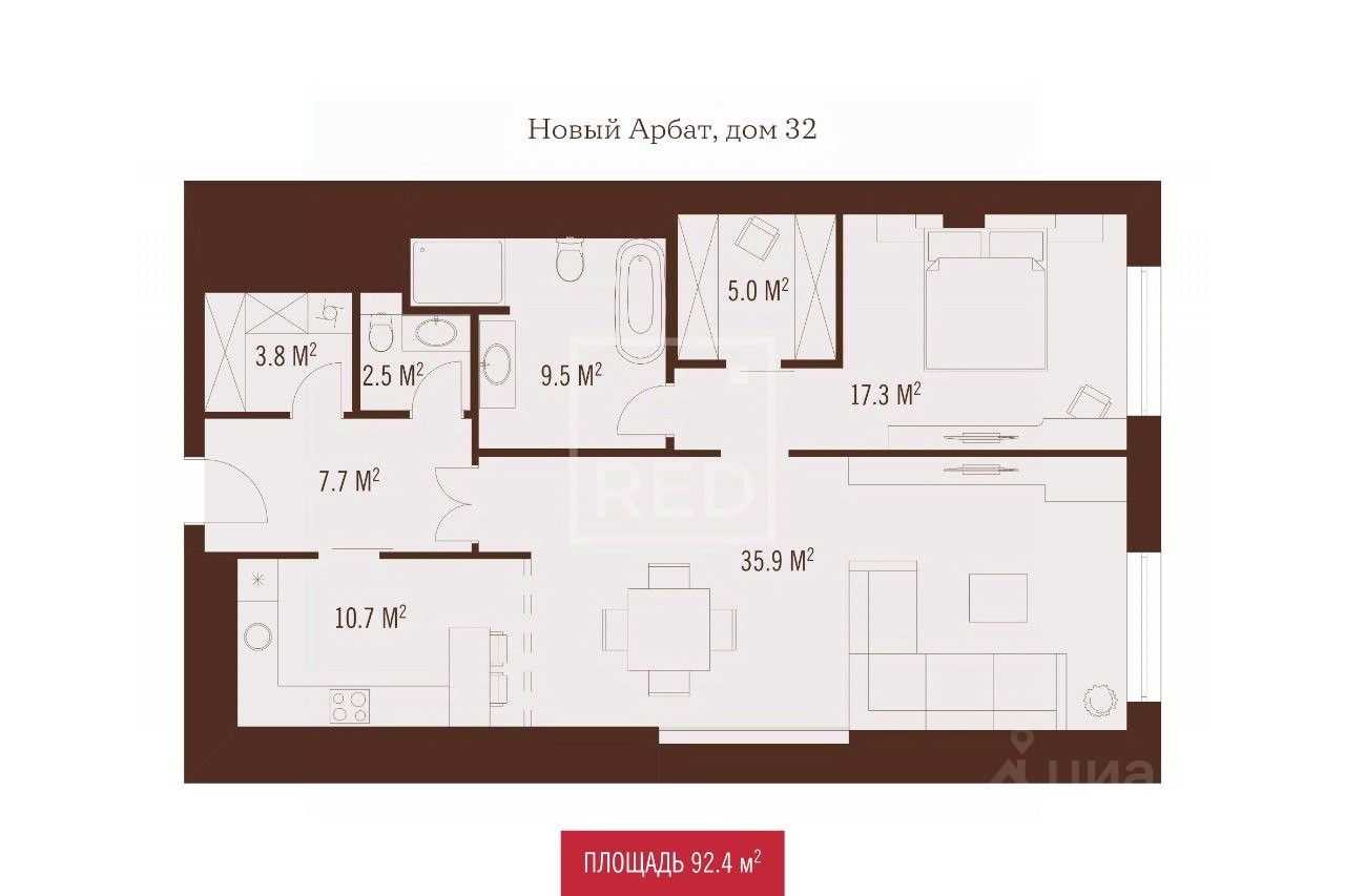 2-комнатная квартира, 93 м² — фотография 2