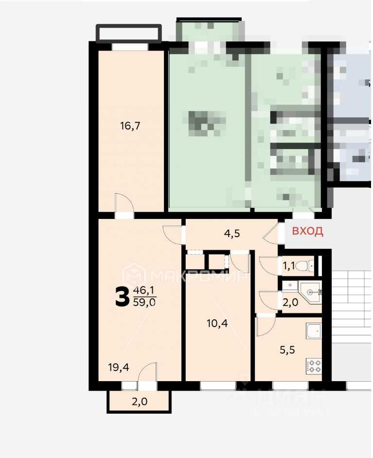 3-комнатная квартира, 59 м² — фотография 2