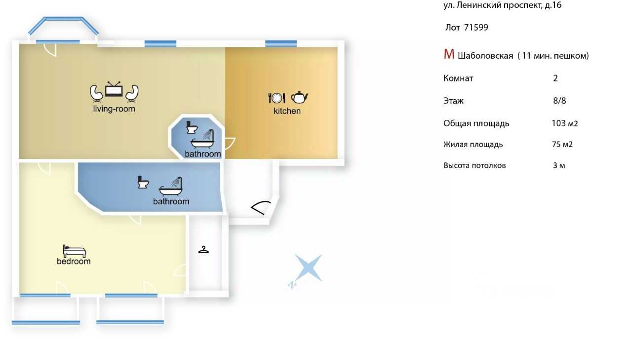 2-комнатная квартира, 103 м² — фотография 2