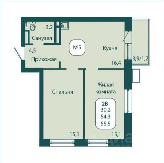 2-комнатная квартира, 56 м² — фотография 2