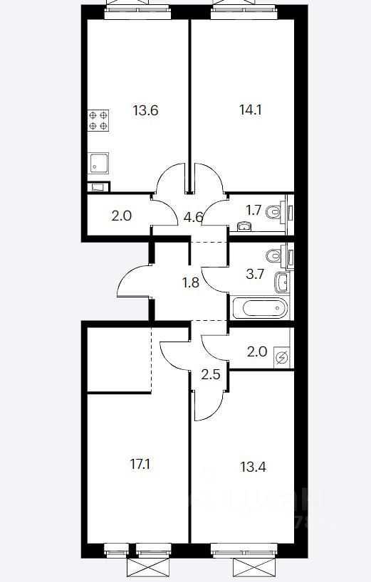 3-комнатная квартира, 75 м²