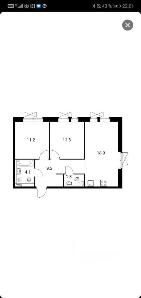 2-комнатная квартира, 56 м²