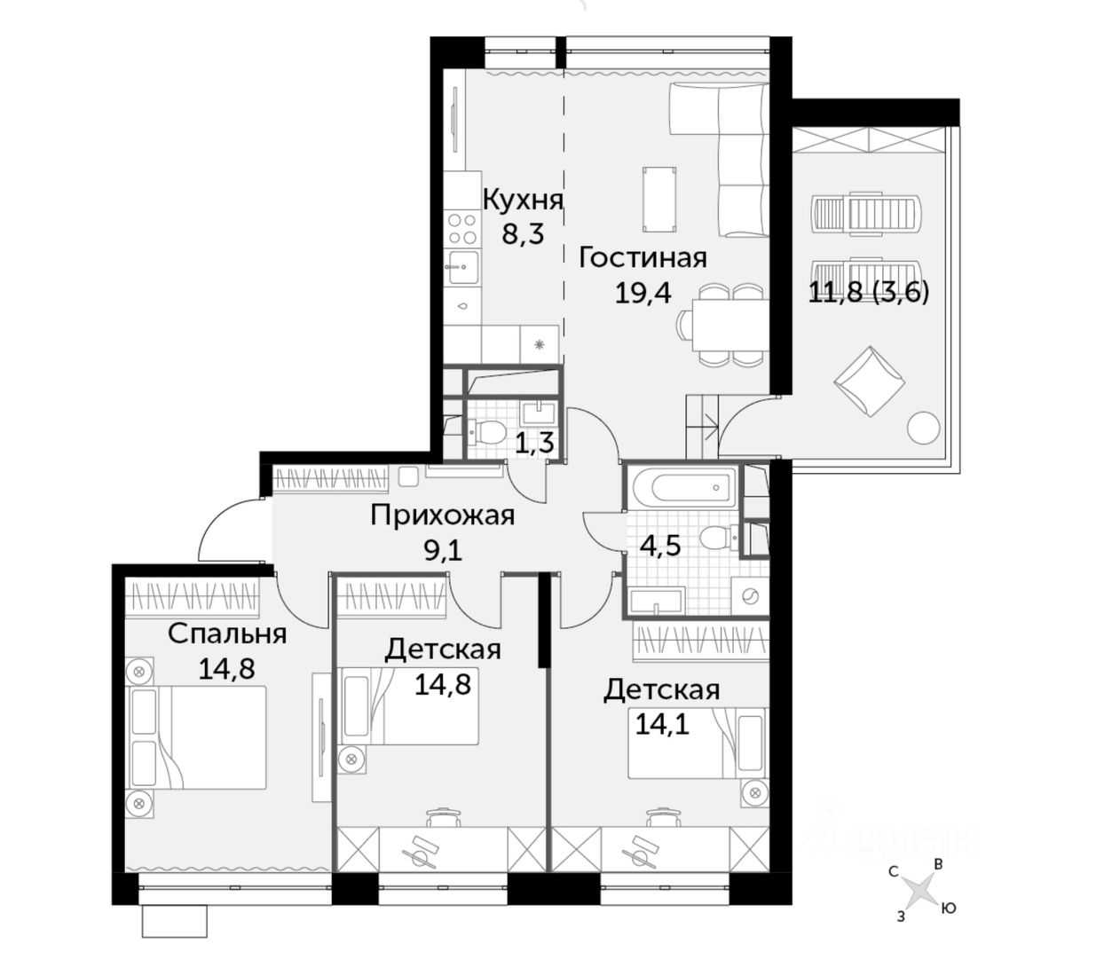4-комнатная квартира, 90 м²