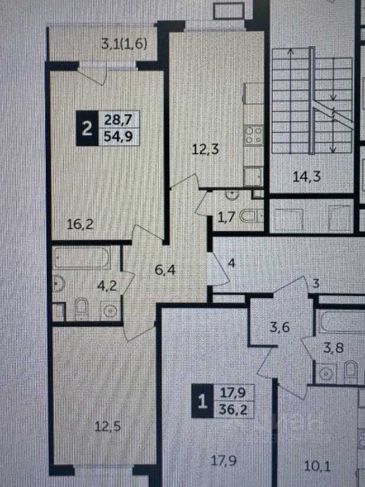 2-комнатная квартира, 54,9 м²