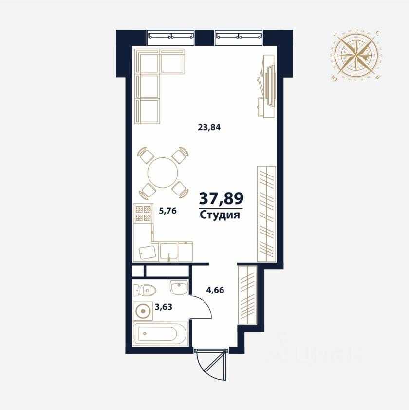 1-комнатная квартира, 37 м²