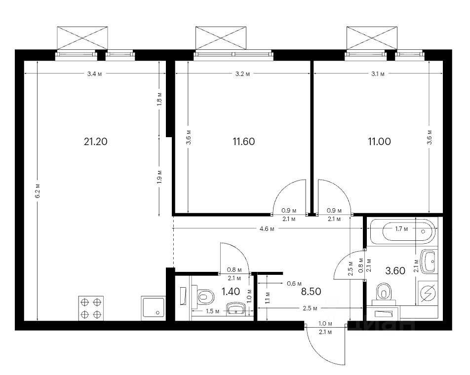3-комнатная квартира, 57,3 м²