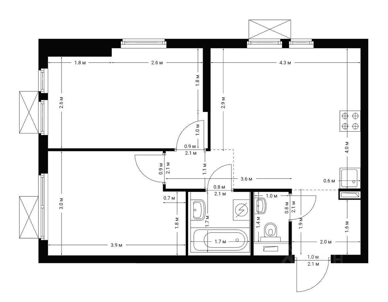 2-комнатная квартира, 48,7 м²