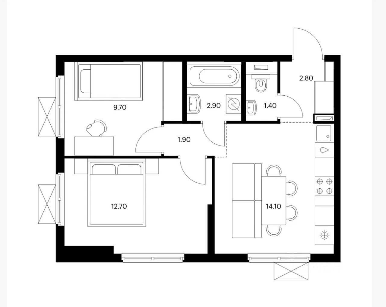 2-комнатная квартира, 45,5 м²