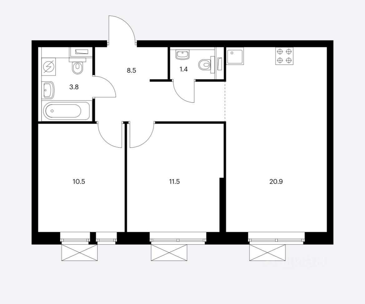 3-комнатная квартира, 57 м²