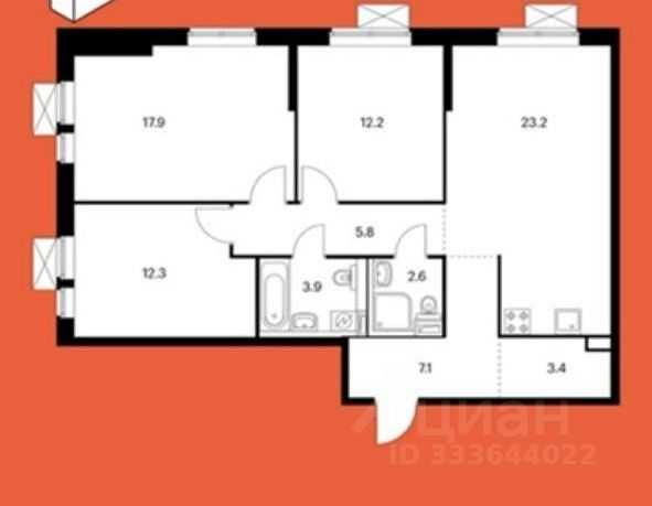 3-комнатная квартира, 88 м²