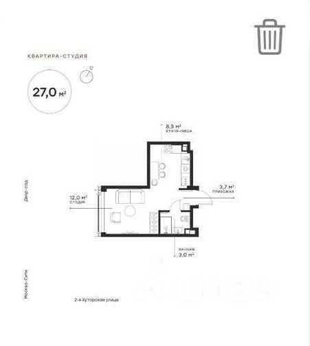 1-комнатная квартира, 27 м²