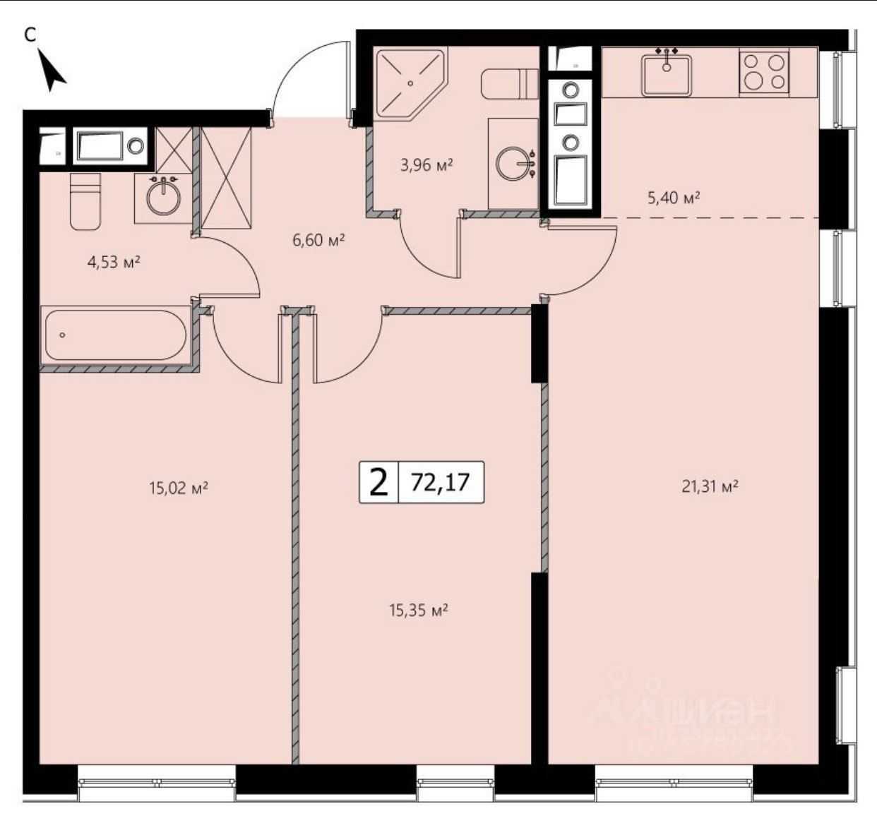 2-комнатная квартира, 72,8 м²