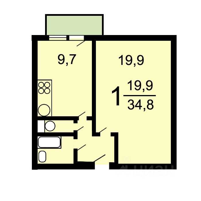 1-комнатная квартира, 34,8 м² — фотография 2