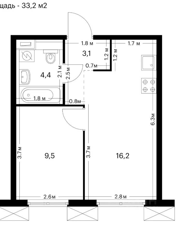 2-комнатная квартира, 33 м²