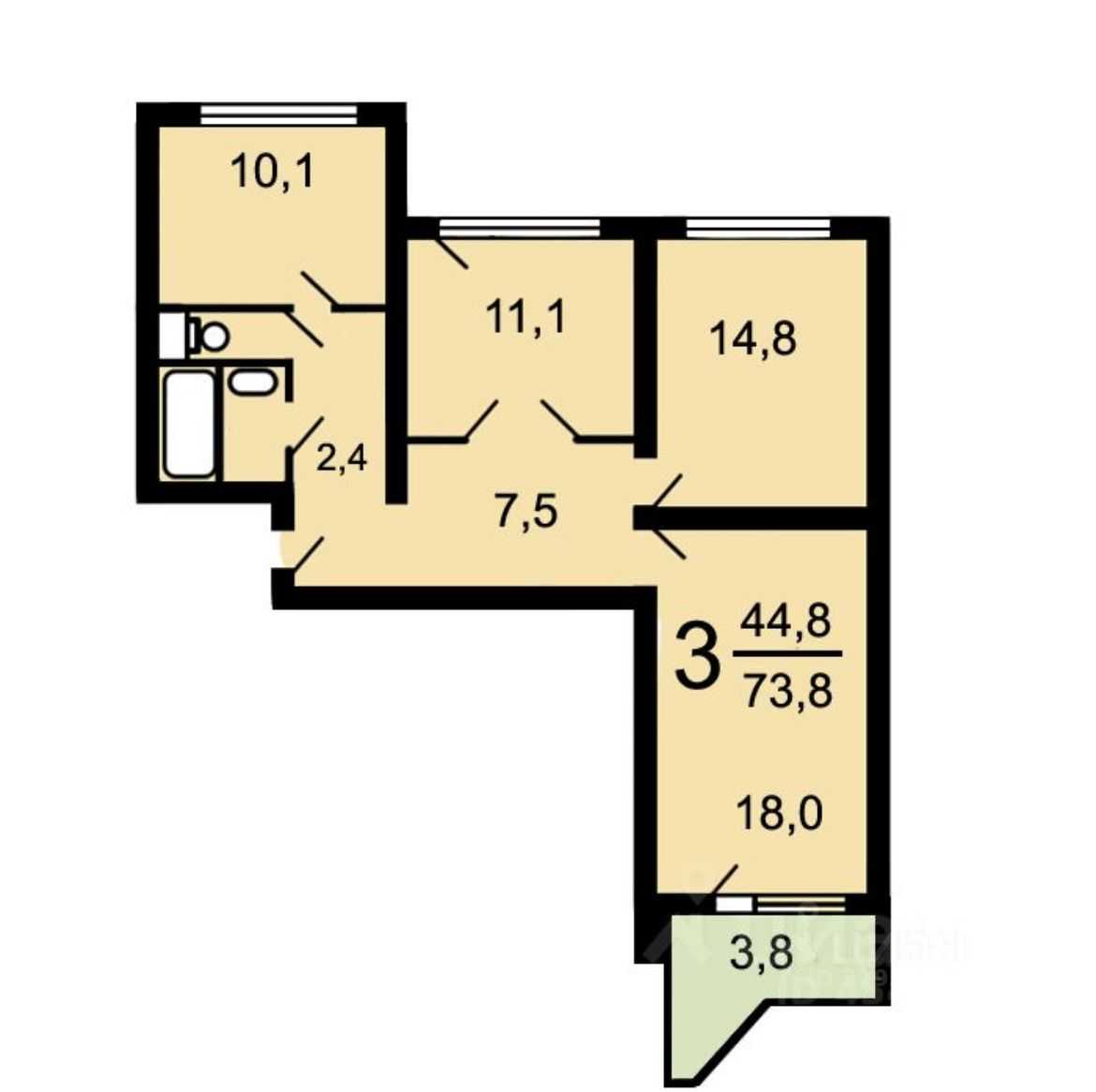 3-комнатная квартира, 75 м² — фотография 2