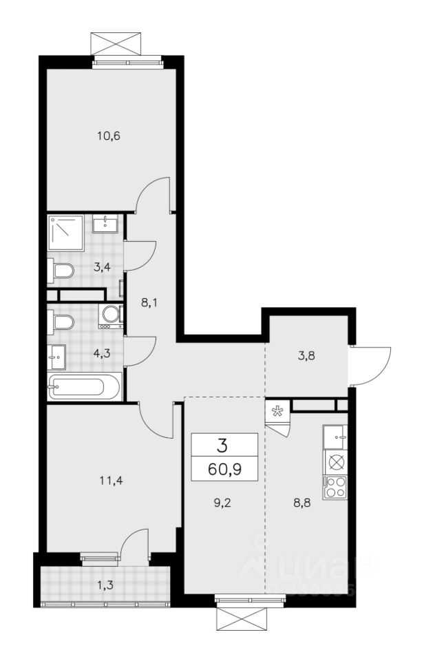 3-комнатная квартира, 60 м² — фотография 3
