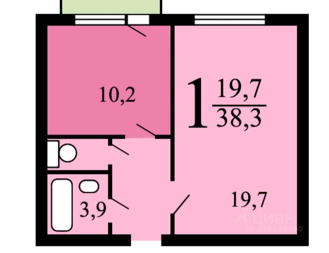 1-комнатная квартира, 39 м²