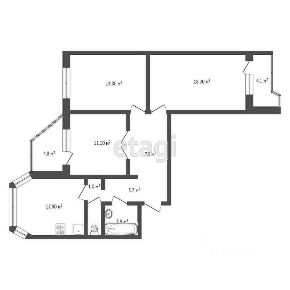 3-комнатная квартира, 75 м²