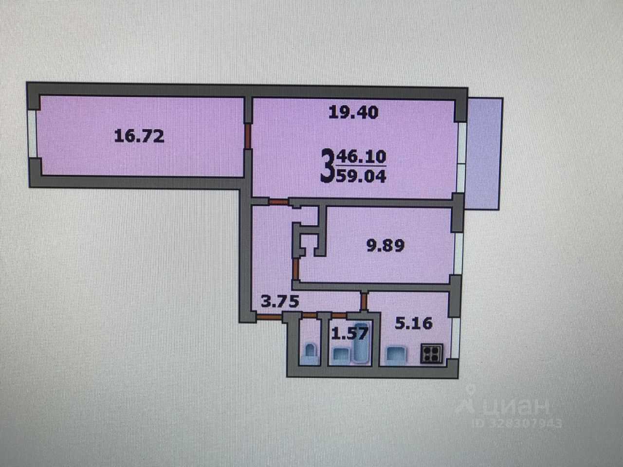 3-комнатная квартира, 57 м²