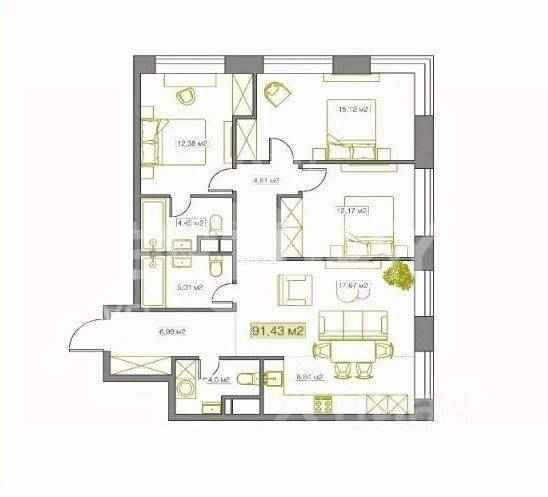 4-комнатная квартира, 91,4 м²