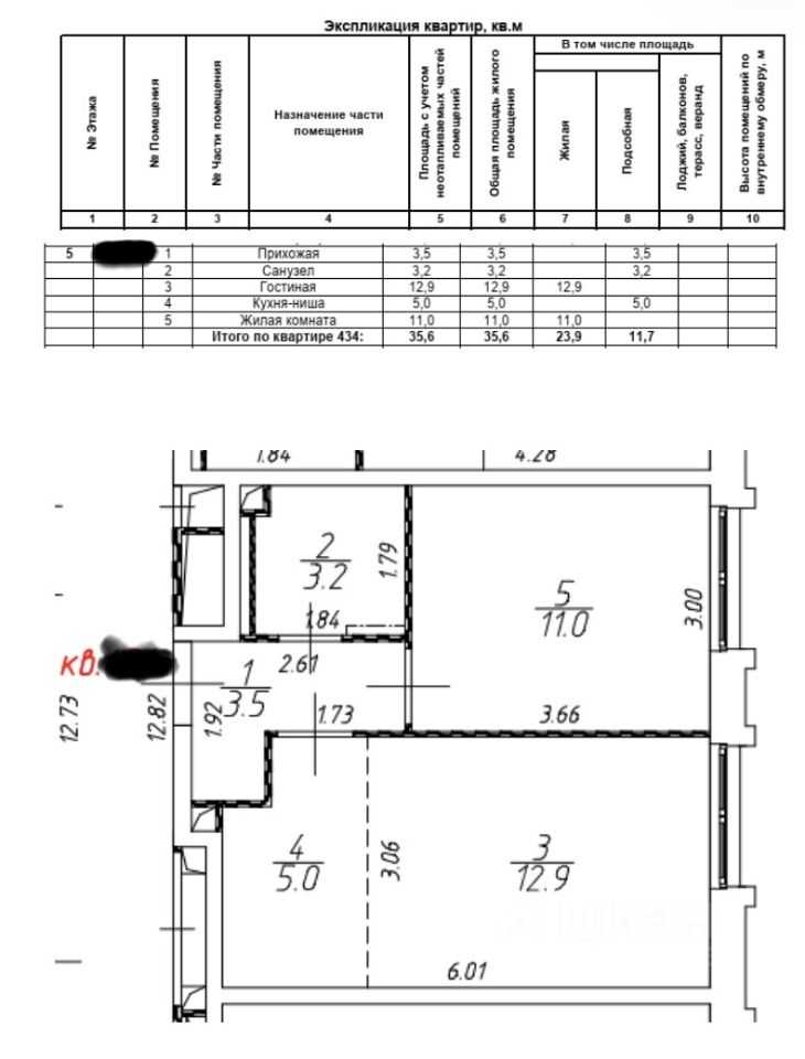 1-комнатная квартира, 35,6 м²