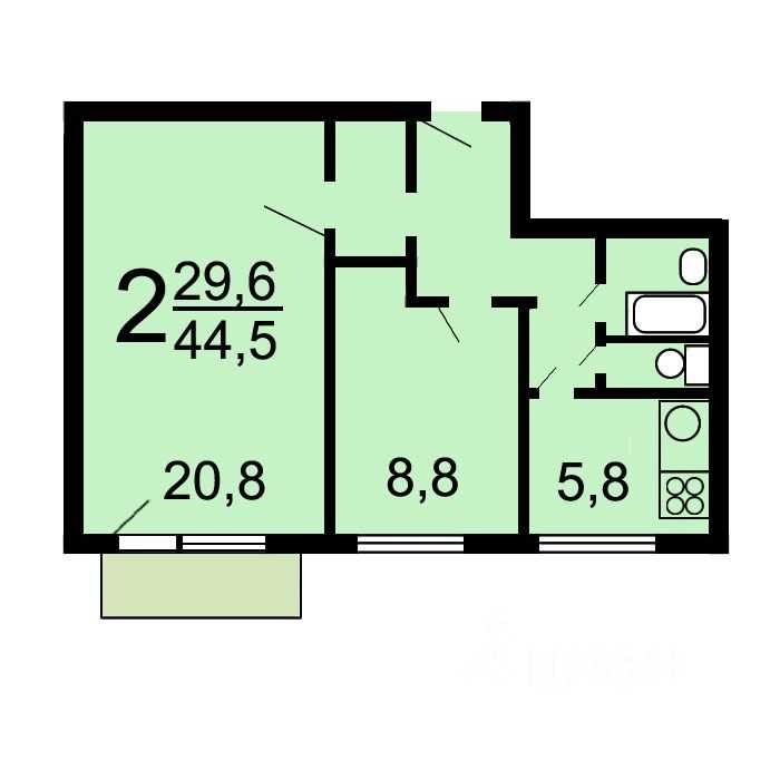 2-комнатная квартира, 45 м² — фотография 2