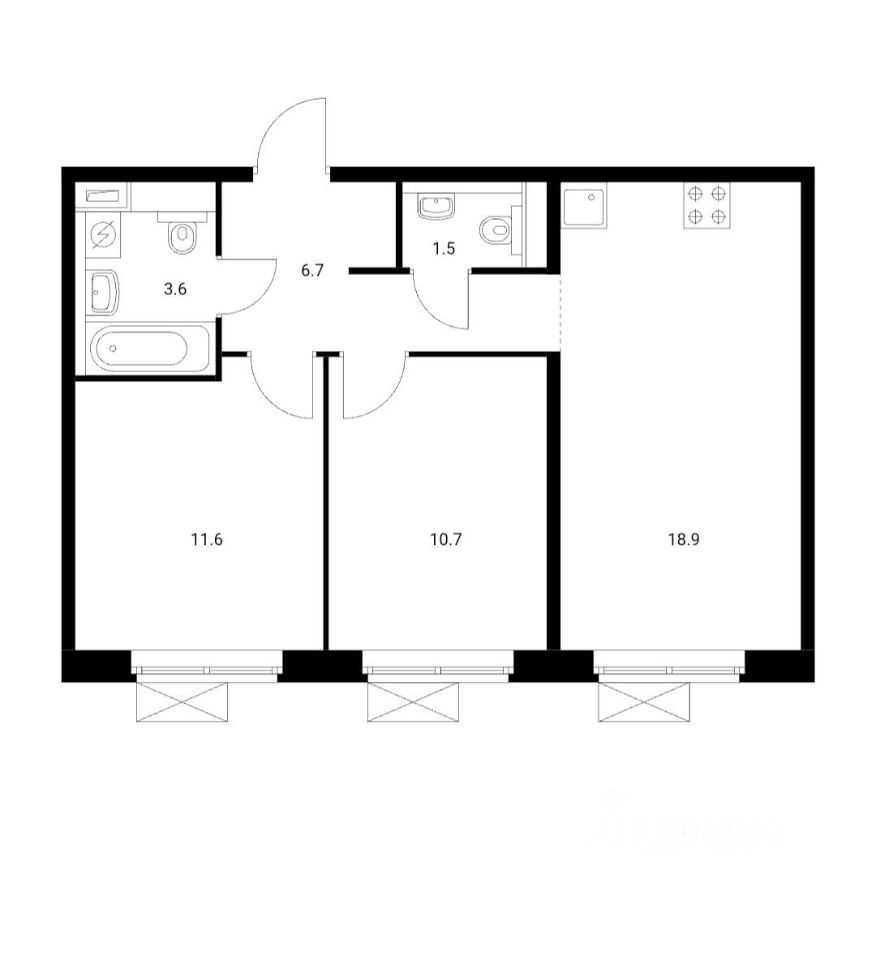 2-комнатная квартира, 53 м²