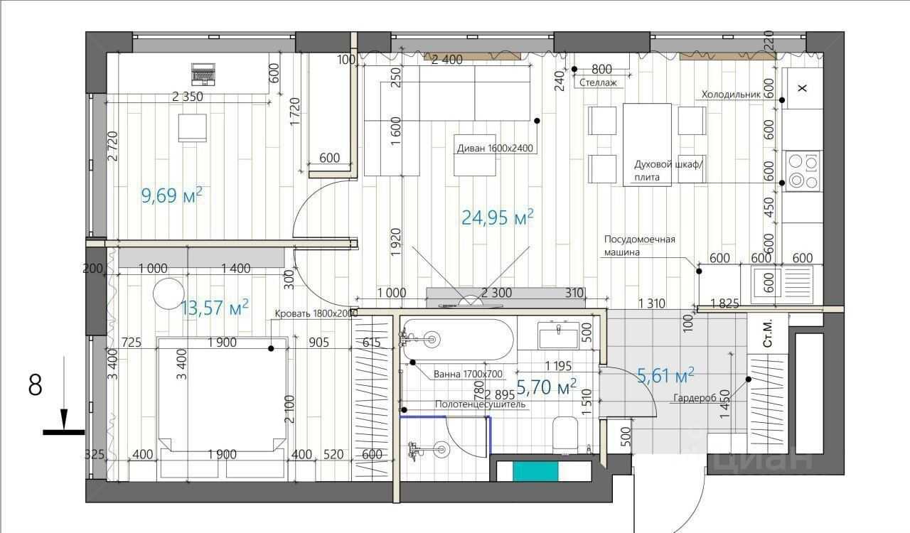 3-комнатная квартира, 62 м²