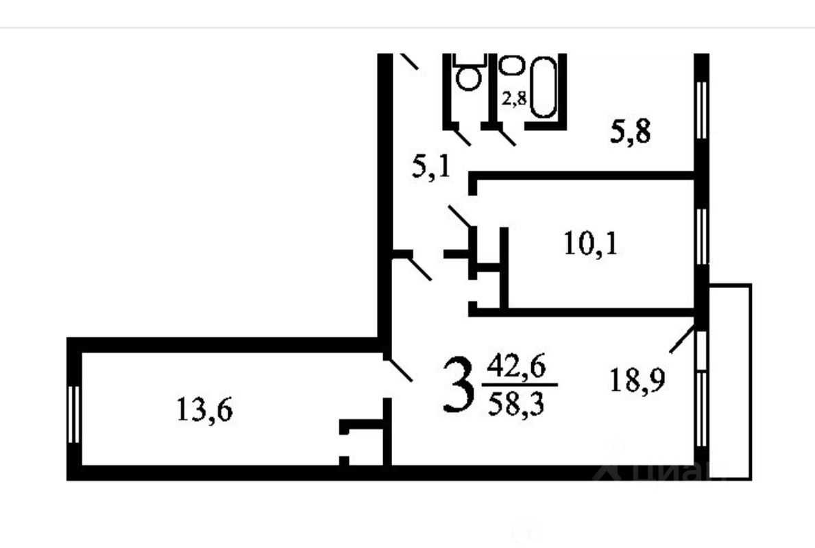 3-комнатная квартира, 59 м²