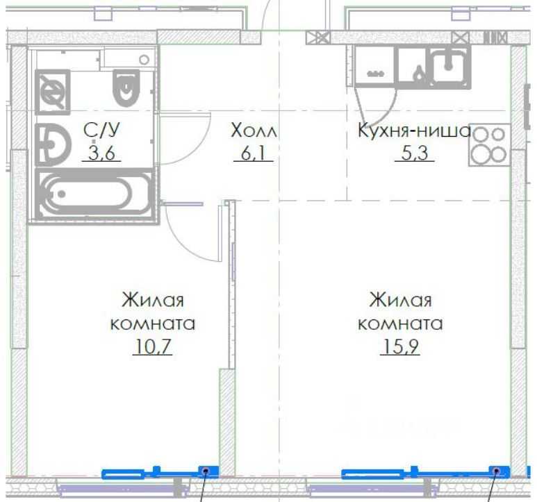 1-комнатная квартира, 41,6 м² — фотография 2