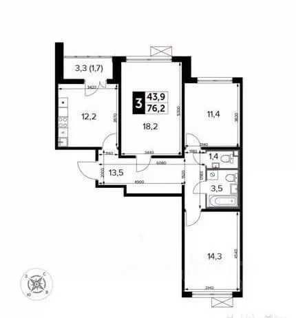 3-комнатная квартира, 76,2 м²