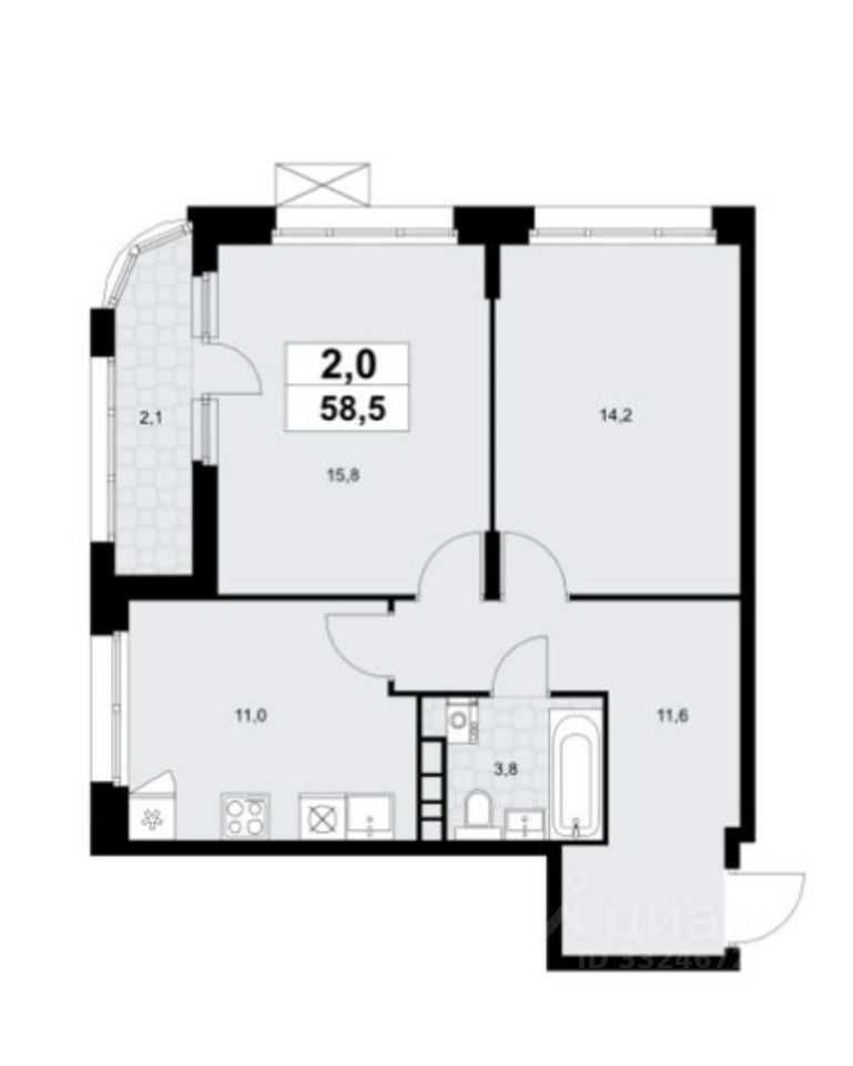 2-комнатная квартира, 59 м²