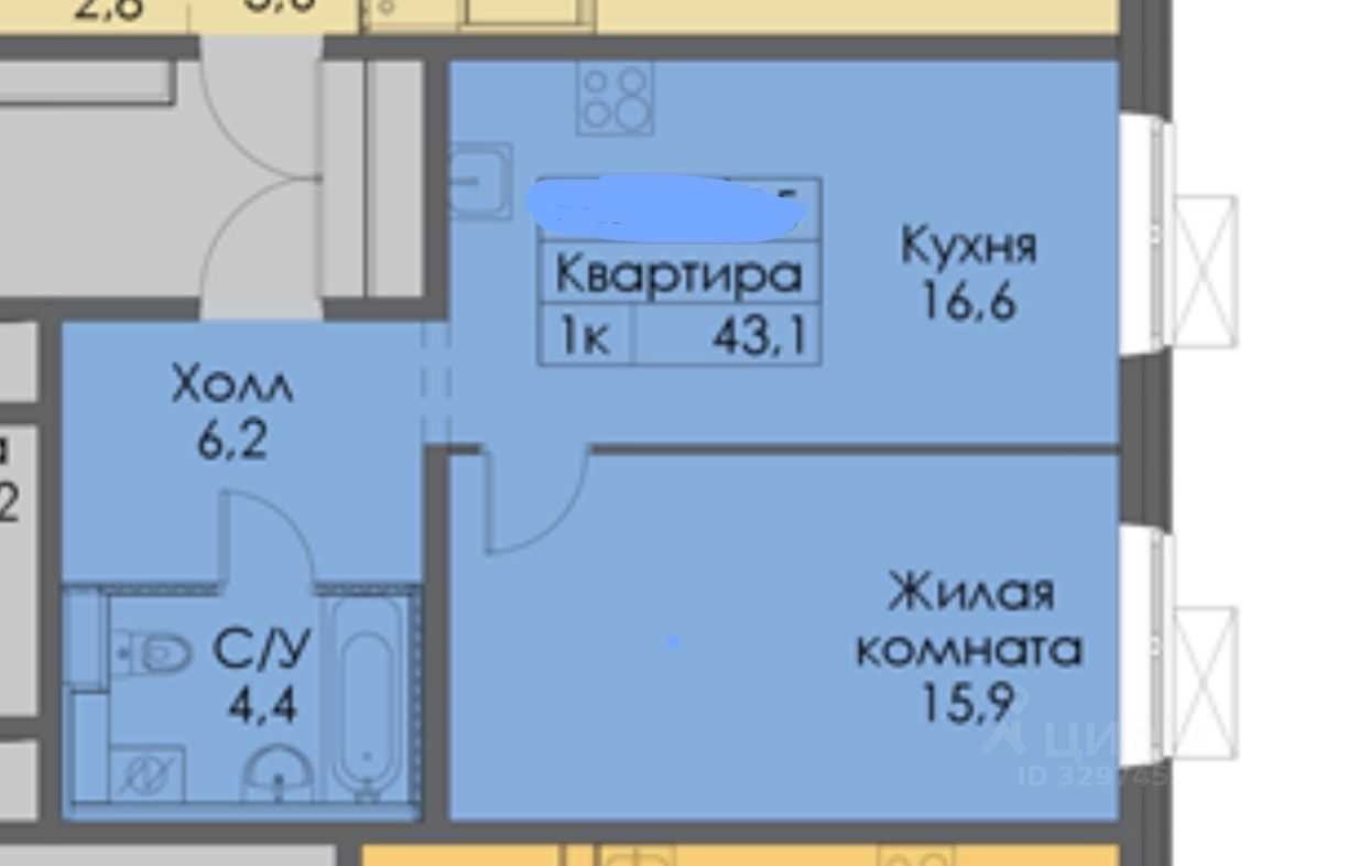 1-комнатная квартира, 43 м²