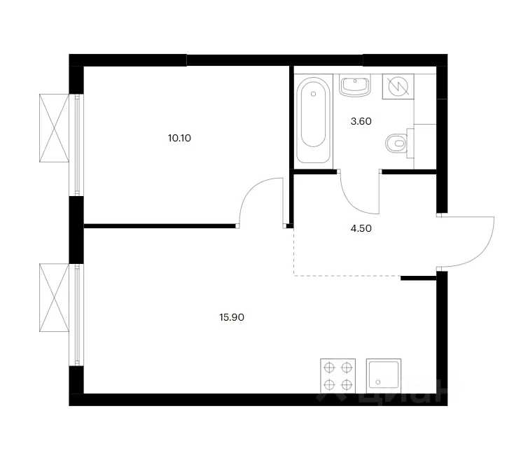 1-комнатная квартира, 34 м²
