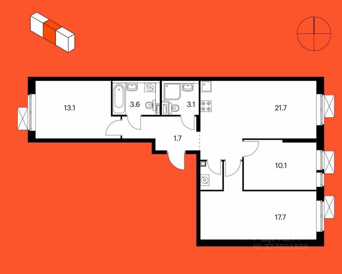 3-комнатная квартира, 75 м²