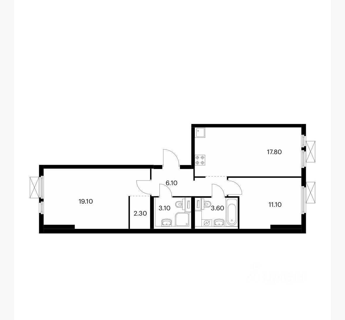 2-комнатная квартира, 63 м²