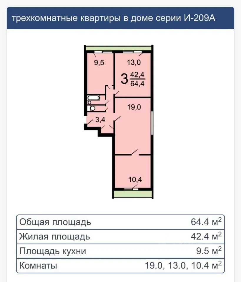3-комнатная квартира, 64,4 м²