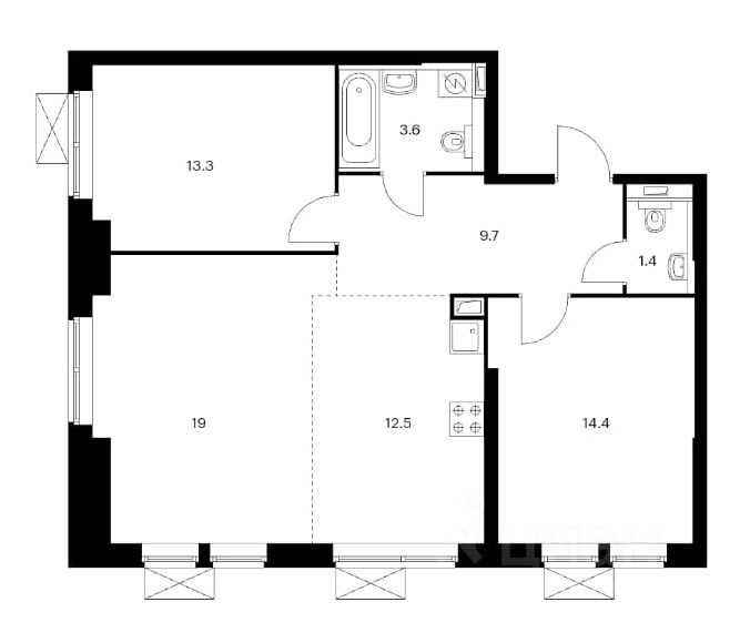 3-комнатная квартира, 73,9 м²