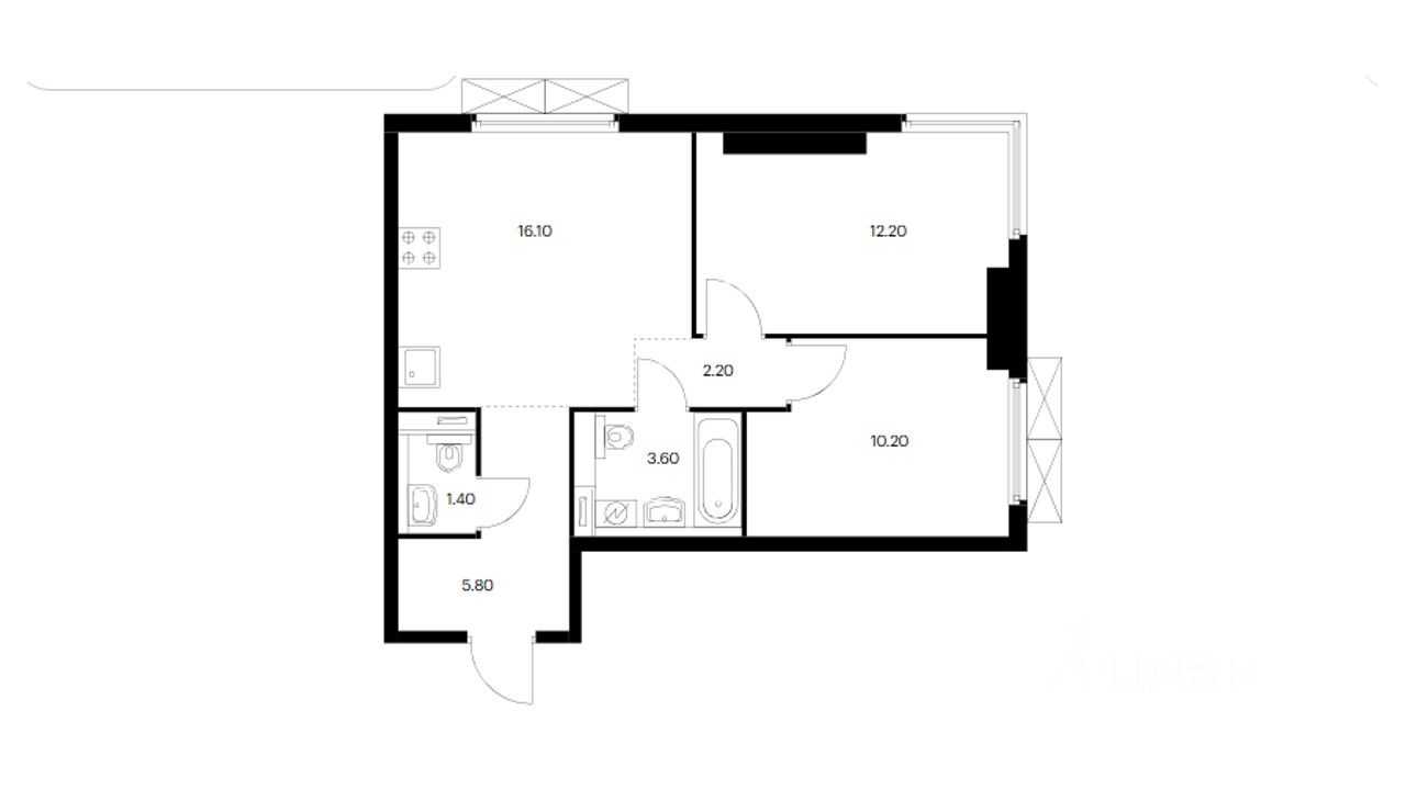 2-комнатная квартира, 51,5 м²
