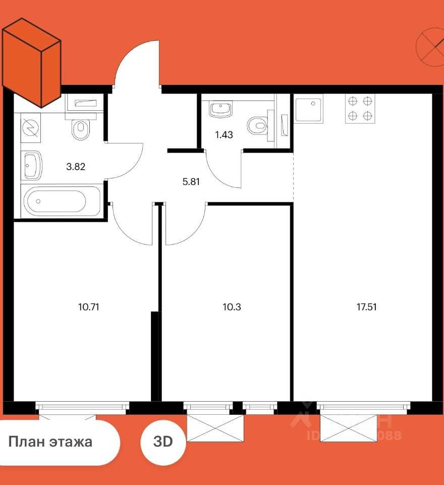2-комнатная квартира, 49 м²