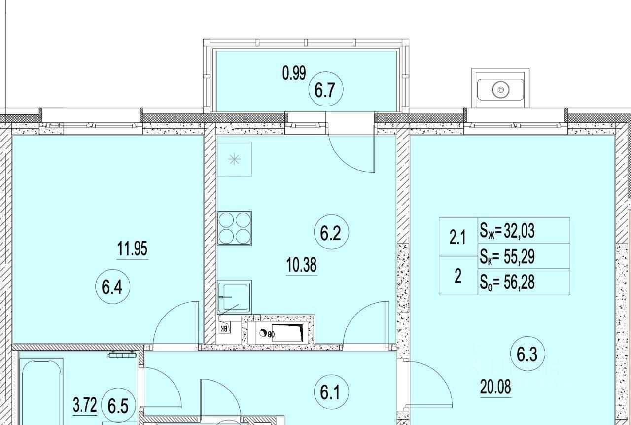 2-комнатная квартира, 56,8 м² — фотография 2