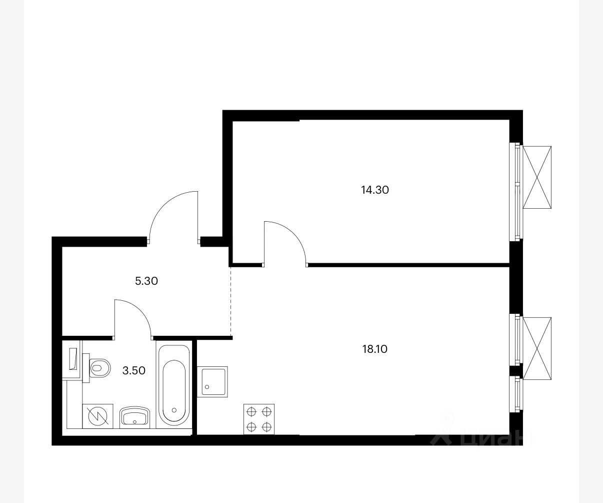 1-комнатная квартира, 41,2 м²