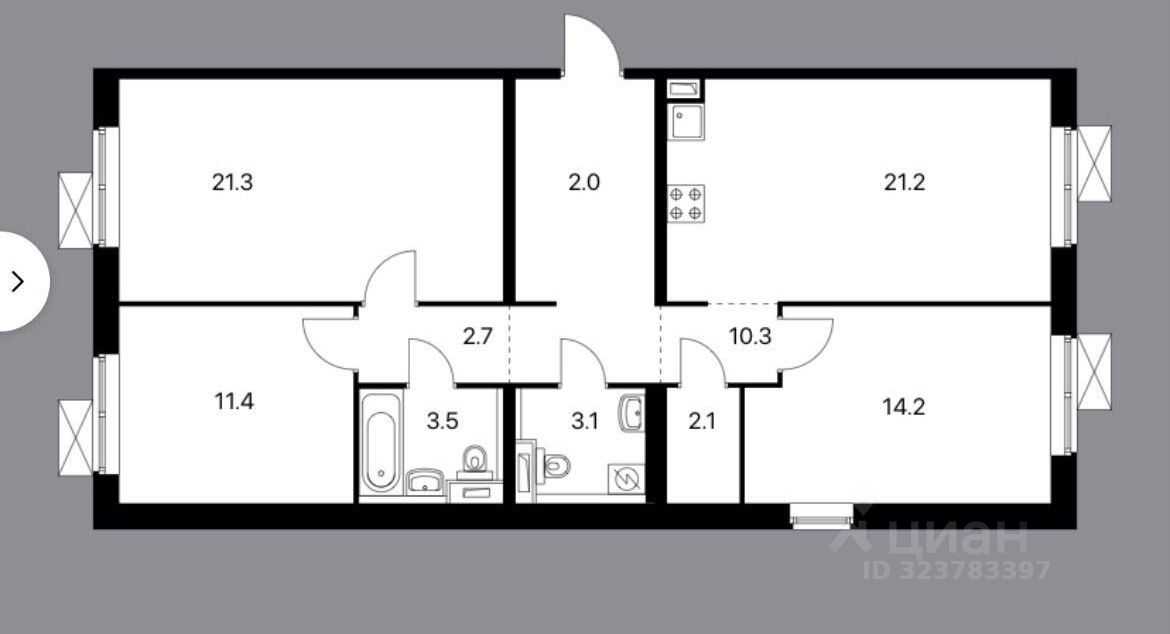 3-комнатная квартира, 93 м²
