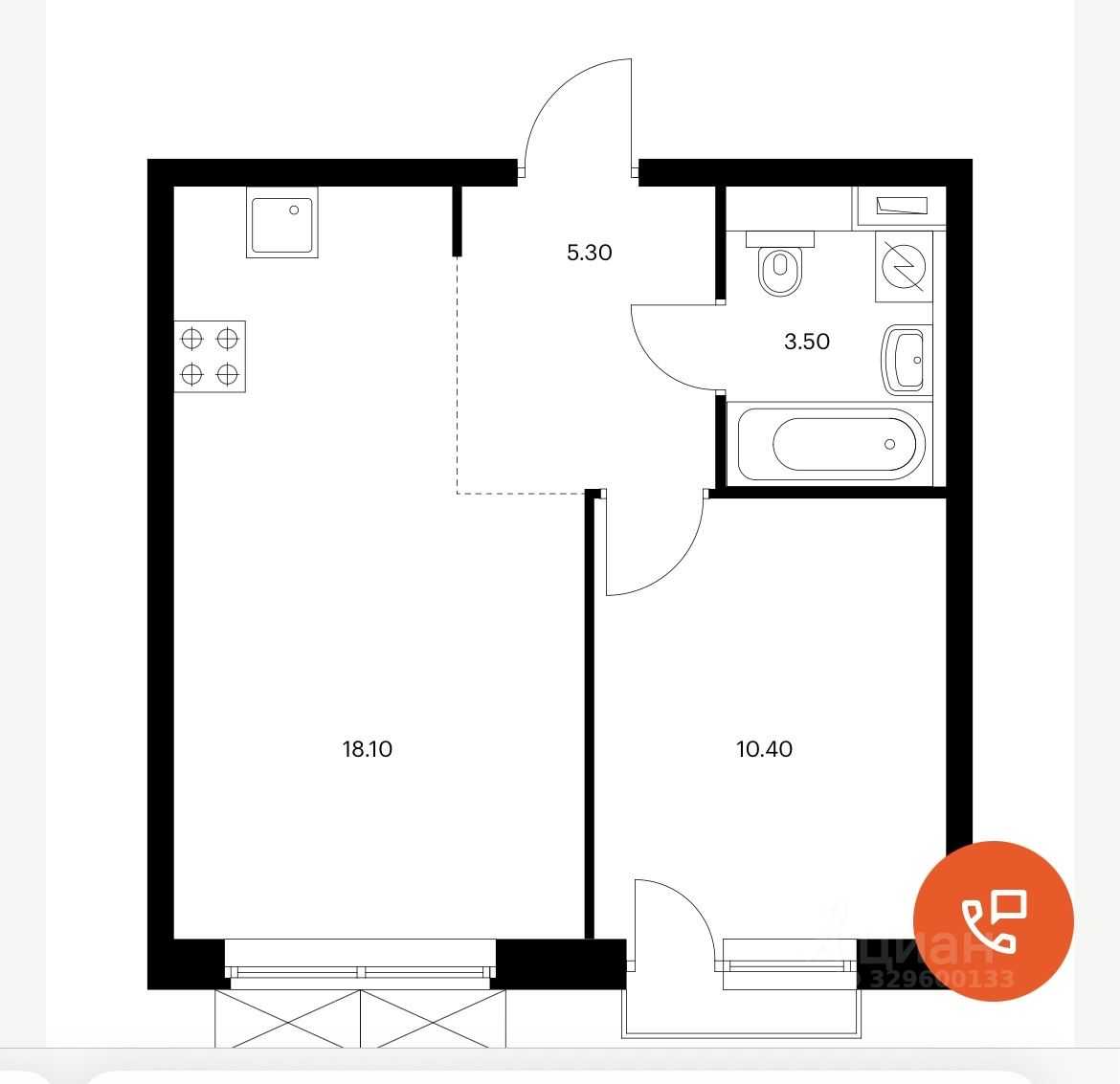 1-комнатная квартира, 37,3 м²